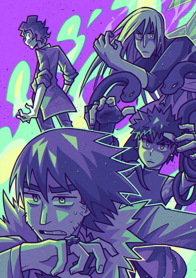 PESTILENCE Illustration depicting original characters from my comic, "Go to Hell", demonstrating a limited color pallete to emphazise the tension in the scene with cinematic composition, much like a promotional poster/material.
