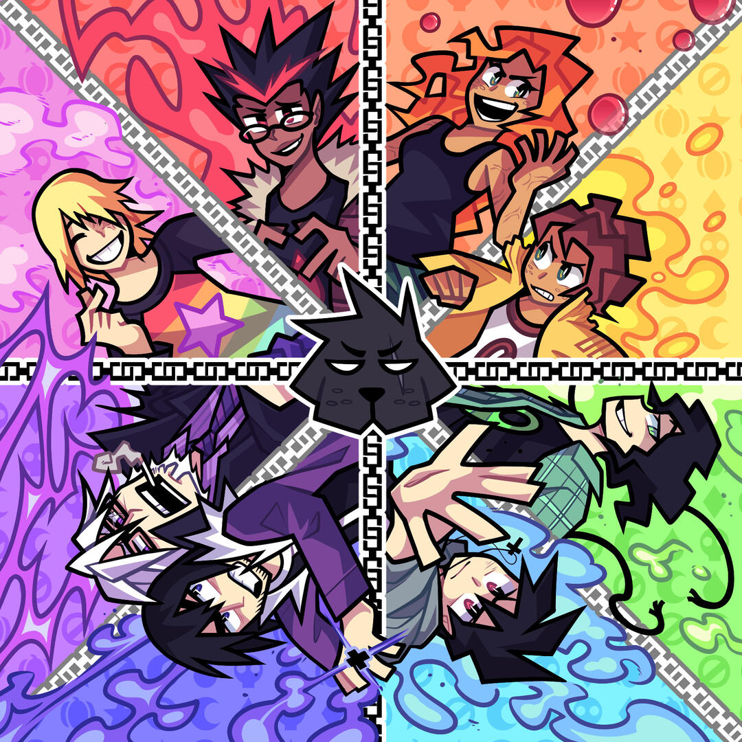 COLOR WHEEL Original characters separated in wheel compostion by different colors of the rainbow, highlighting a good range of colorful palettes complimenting each other.