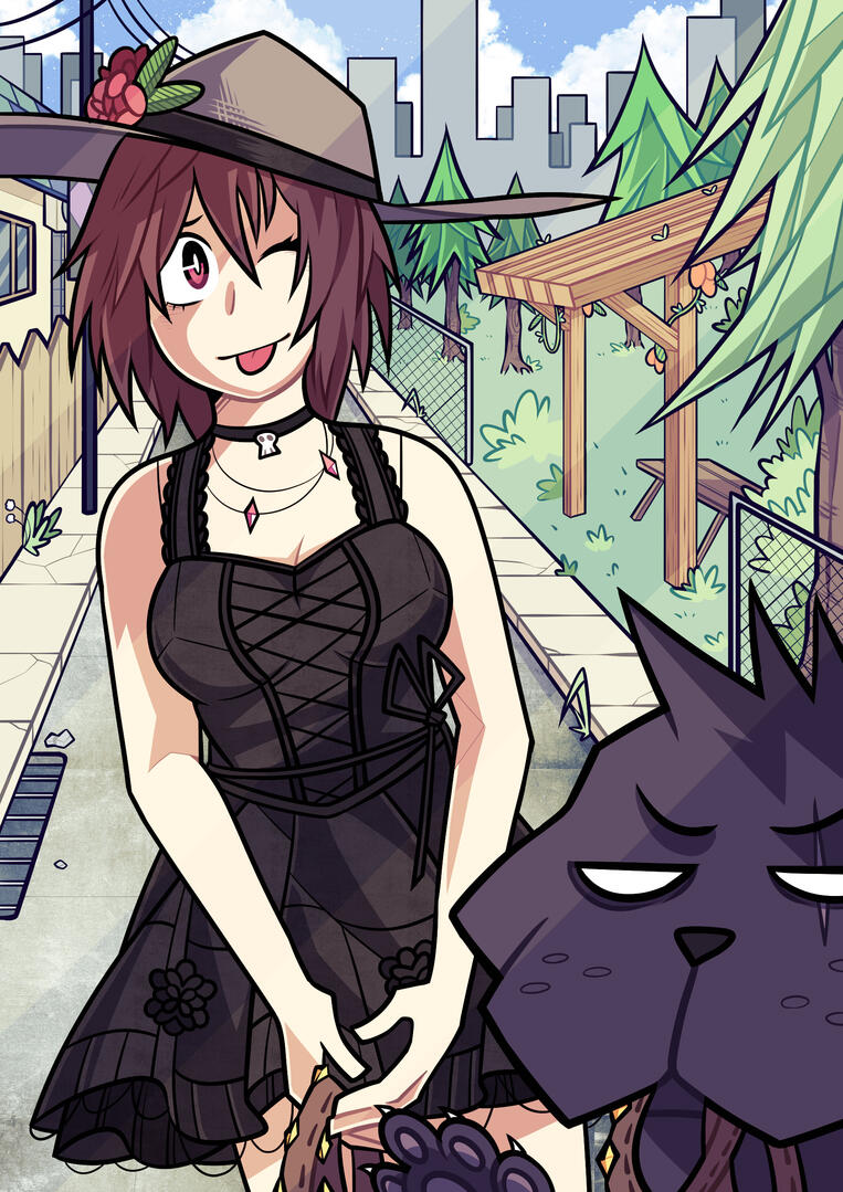 DOG WALK Original character iIllustration depicting bright colors contrasting with goth themed character design.